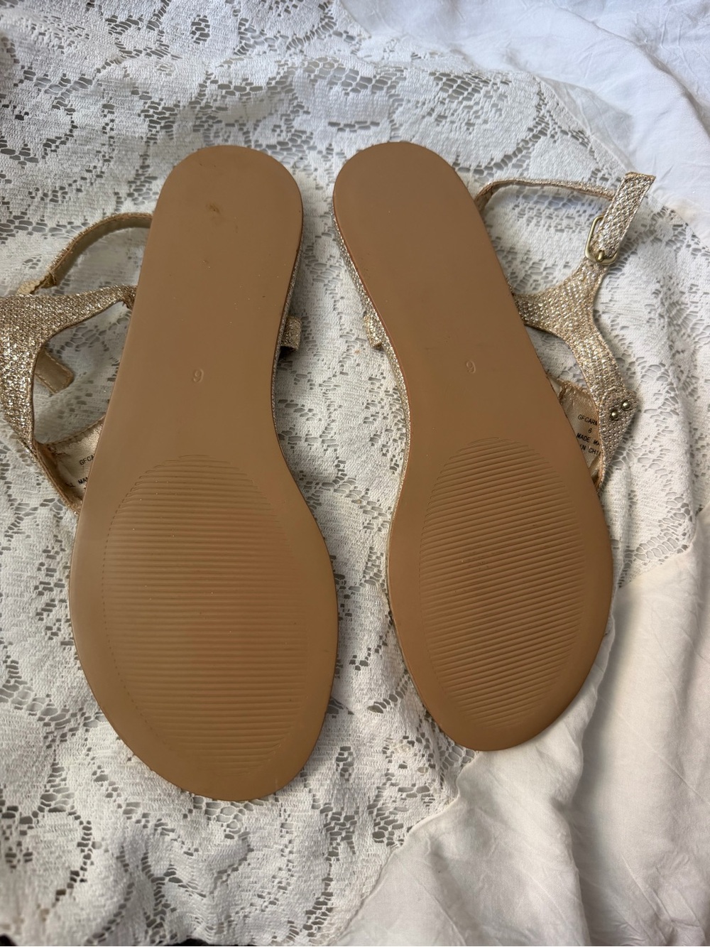 GUESS Metallic Gold T-Strap Rhinestone Sandals - Picture 4 of 5